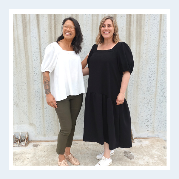 Two girls wearing samples of the Clementine Woven Top & Dress