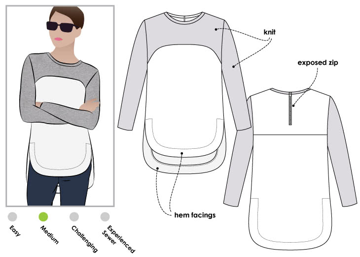 Avery Tunic Top Sewing Pattern By Style Arc Avery Tunic Top Sewing Pattern By Style Arc - Sliced Tunic Top featuring a high low hemline and exposed zip
