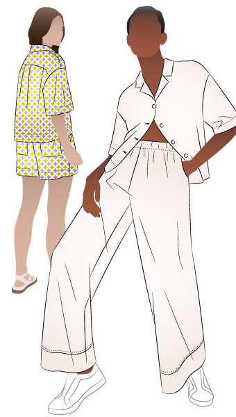 Albie Woven Pant and Short by Style Arc - Pant - Straight leg elastic waisted pant with inseam and back patch pockets and hem bands. Short - Elastic waist short with inseam pockets and back patch pockets.