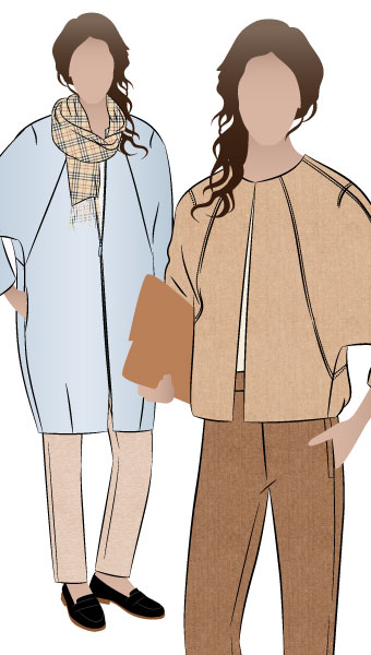 Alegra Jacket / Coat by Style Arc - One pattern two looks - Short jacket with pleat back and deep raglan sleeves & Knee length zip front cocoon shaped coat.