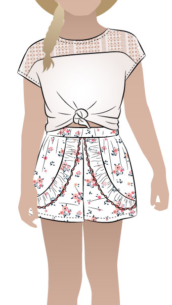 Alice Kids Short by Style Arc - Elastic waist short with optional front over lay and frill for kids 2-8