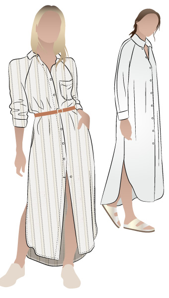 Anais Woven Dress By Style Arc - Long line shirt dress featuring long sleeves, shirt tails, collar and pockets. Sewing Tutorial Click here for a step by step tutorial for the Anais Woven Dress