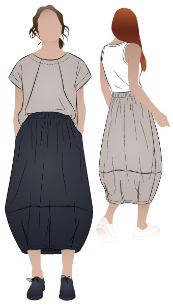 Ayla Woven Skirt by Style Arc - Cocoon shape elastic waist skirt with a darted hem and inseam pockets