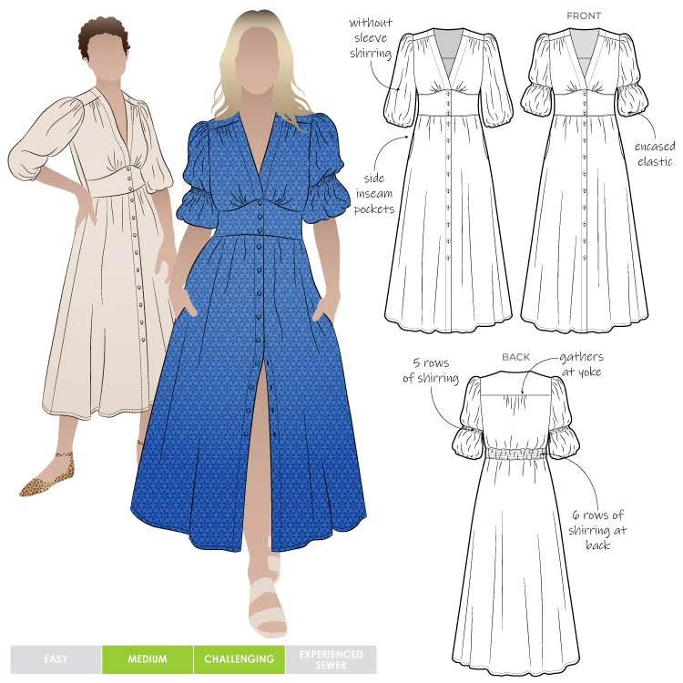 Belle Woven Dress Belle Woven Dress by Style Arc - Make a statement with the Belle Woven Dress. "V" neck, button through dress with shirred sleeves and back bodice.