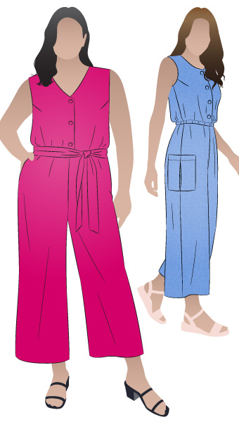 Birdie Jumpsuit By Style Arc - Jumpsuit featuring a buttoned front opening, 2 neck shapes, one round & one "V". Wide 7/8" leg length, two pocket options and a tie belt.