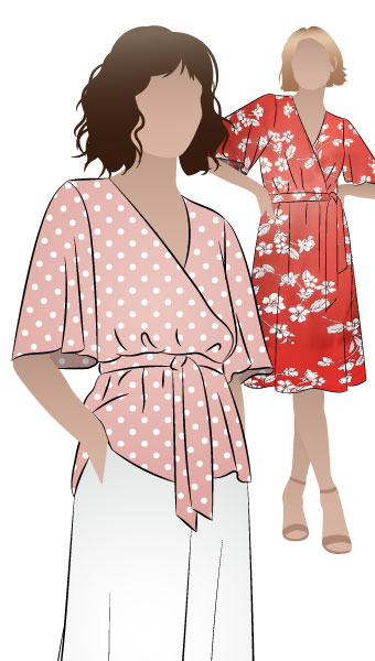 Bonita Dress Or Top By Style Arc - Dress or top sewing pattern with crossover bodice, elastic waist and elbow-length sleeves