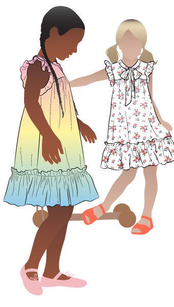 Bonnie Kids Dress By Style Arc - A-line swing dress with hem and sleeve frill, and optional peter pan collar attachment, for kids 02-14