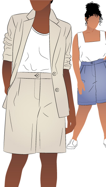 Braxton Woven Short by Style Arc - Tailored knee-length short that sits at the natural waist, featuring a shaped waistband, front angled pockets, a fly zip front, knife pleats, and back waist darts.