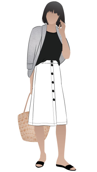 Brunch With Friends Look By Style Arc - Discounted Get the Look pattern bundle for a classic T-shirt, a mid-length A-line skirt and a dolman sleeve knit cardigan pattern.