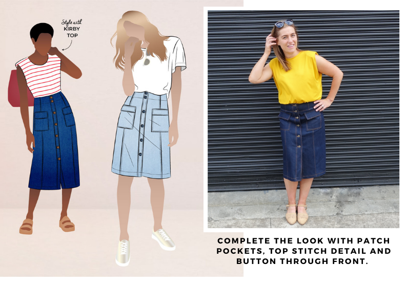 Lennox Woven Skirt - complete the look with patch pockets, top stitch details and button through front.