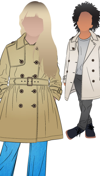 Camille Kids Trench By Style Arc - Option 1. Double breasted Trench coat with gathered skirt, belt and hood for kids 2-14. Option 2. Double breasted Trench coat straight through body, belt and hood for kids 2-14