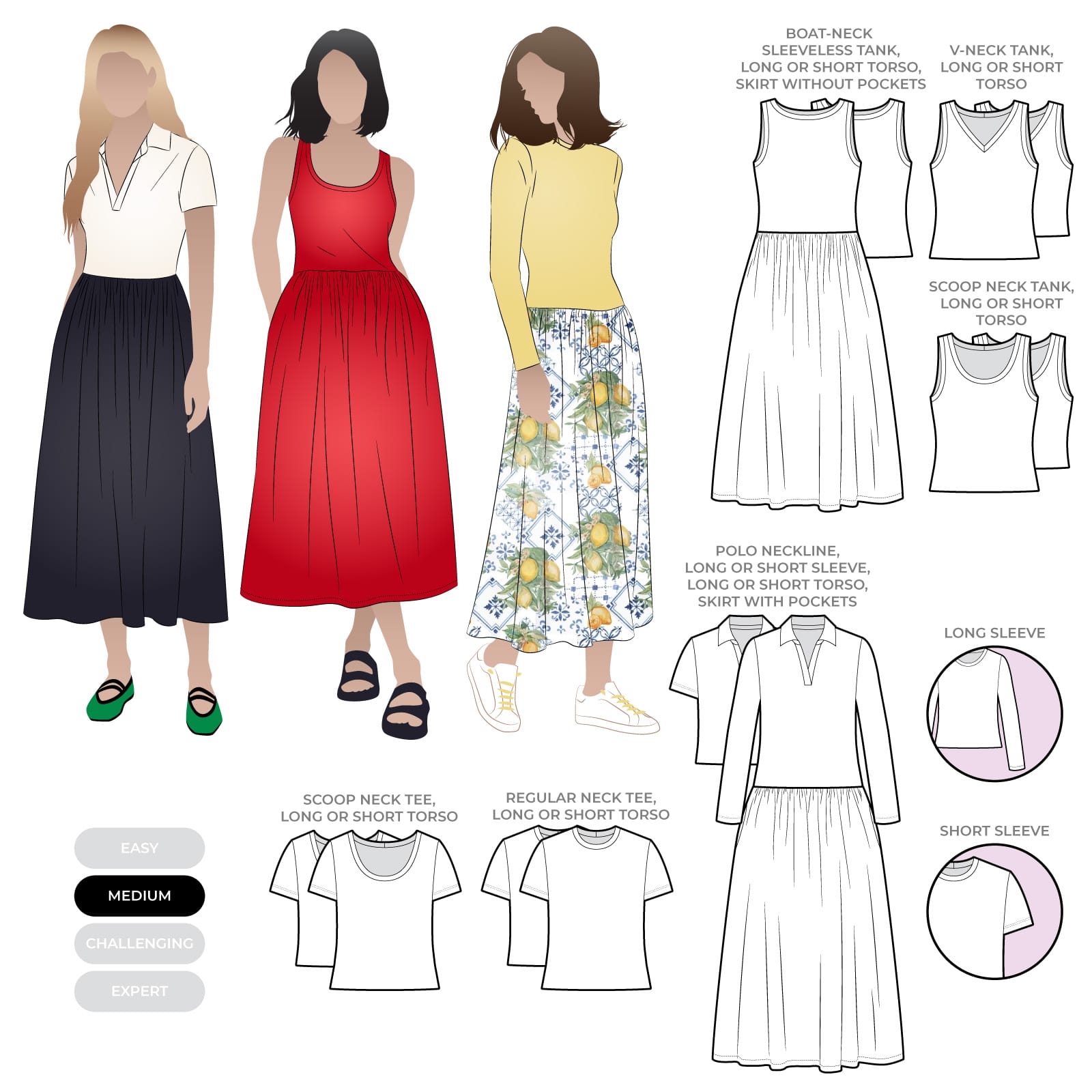 Carter Dress Carter Dress by Style Arc - Mid-calf length dress features a knit bodice with various necklines and sleeve length options, paired with a skirt in either knit or woven fabric