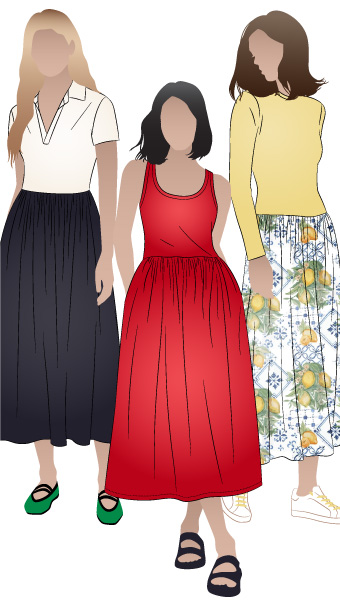Carter Dress by Style Arc - Mid-calf length dress features a knit bodice with various necklines and sleeve length options, paired with a skirt in either knit or woven fabric