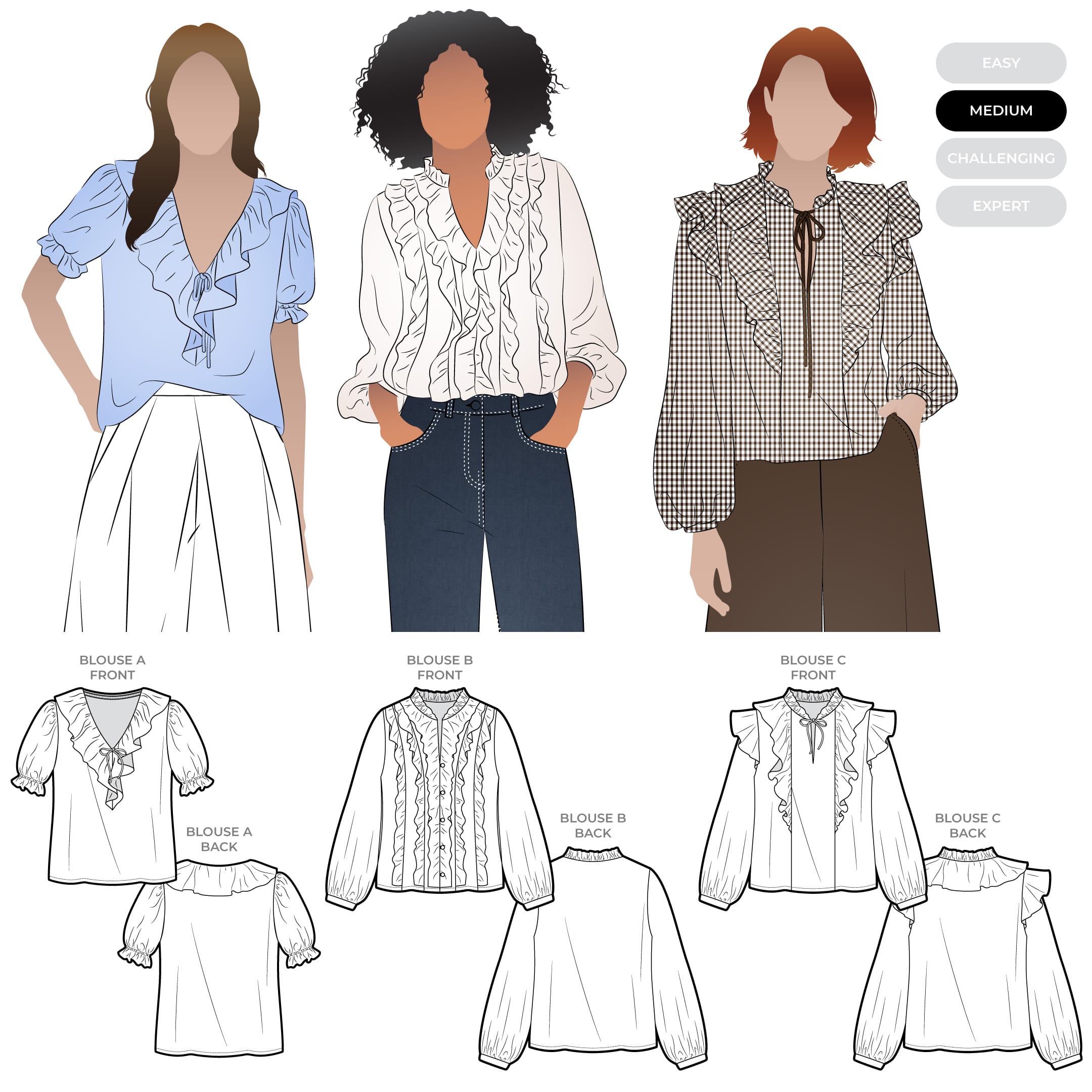 Cendrine Woven Blouse Set Cendrine Woven Blouse Set by Style Arc - Open-neck blouse with three front variations, optional frills and long or short sleeves with elasticated cuffs