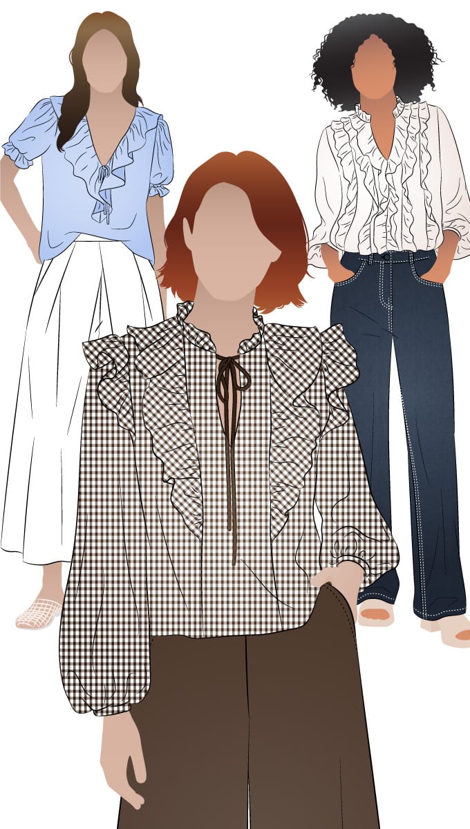 Cendrine Woven Blouse Set by Style Arc - Open-neck blouse with three front variations, optional frills and long or short sleeves with elasticated cuffs