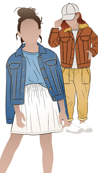 Charlie Kids Jacket By Style Arc - Panelled denim jacket with front in seam pocket, optional hood, and contrast collar, for kids 2 - 8