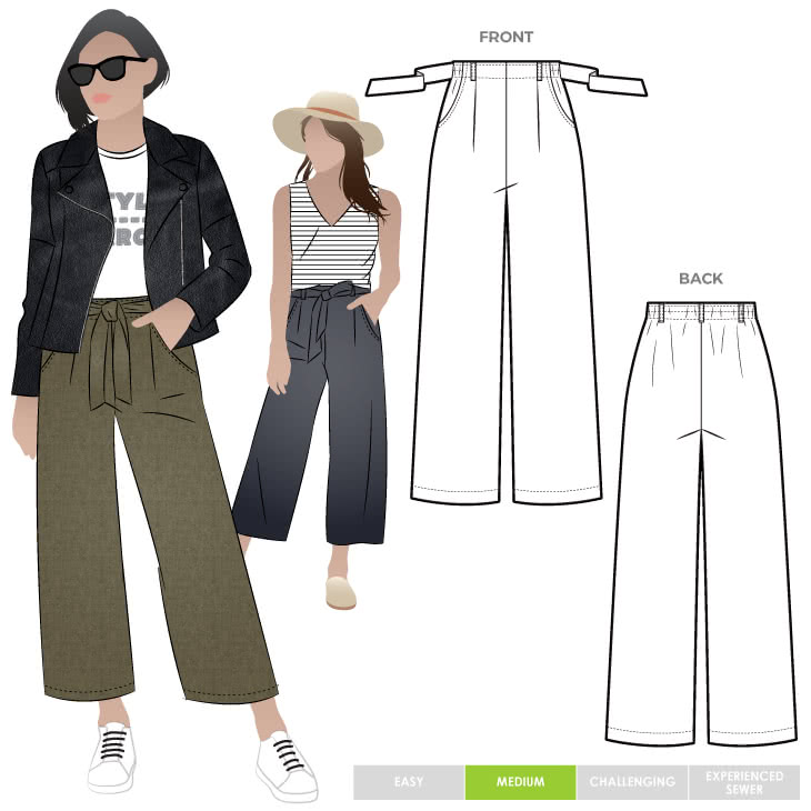 Clare Pant Clare Pant by Style Arc - This elastic waist, wide leg pant features a fashionable 7/8th leg length, pockets and tie belt