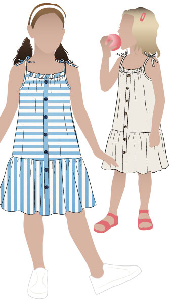 Claudia Kids Dress By Style Arc - A-line swing dress with spaghetti strap ties and hem frill, for kids 2-8