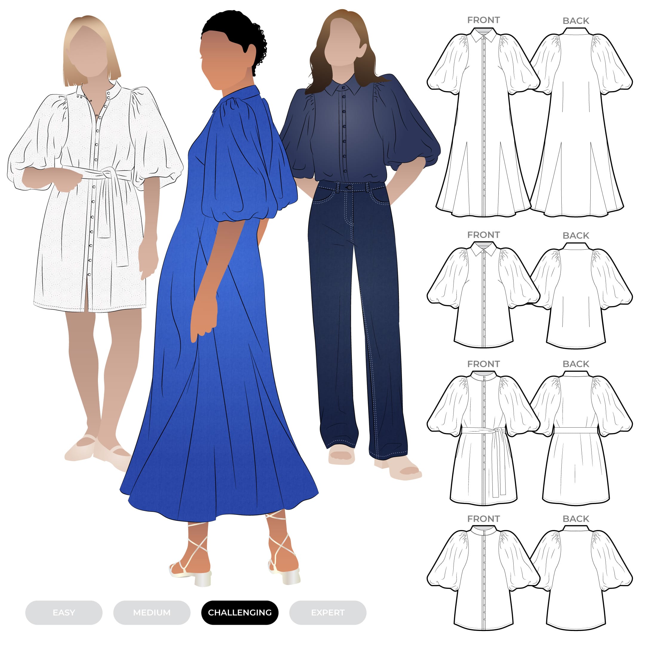 Dallas Woven Shirt and Dress Dallas Woven Shirt and Dress by Style Arc - Puff sleeved button front shirt and dress, with optional godets for the dress