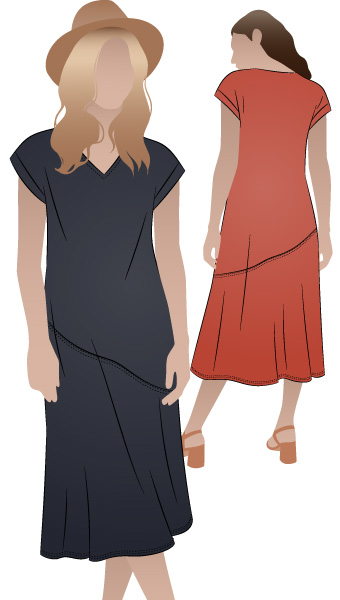 Doreen Knit Dress By Style Arc - "V" neck slip on dress with asymmetrical hip seam and extended shoulders.