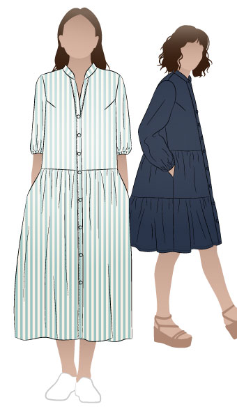 Emerson Woven Dress By Style Arc - Low waisted button through dress featuring a mandarin collar, sleeves & a gathered skirt