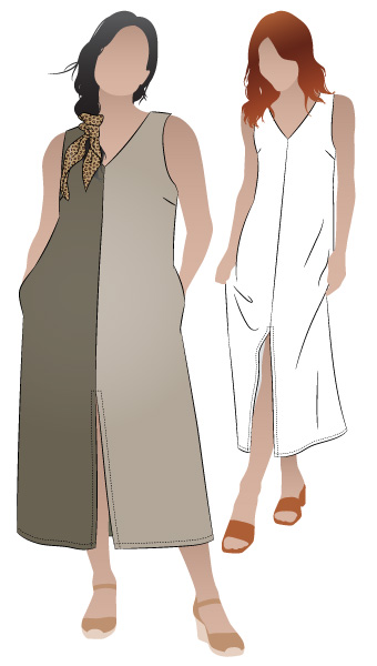 Esther Woven Dress by Style Arc - Slight "A" line, calf length slip-on dress featuring front and back "V" neckline, optional sleeves and a centre front split