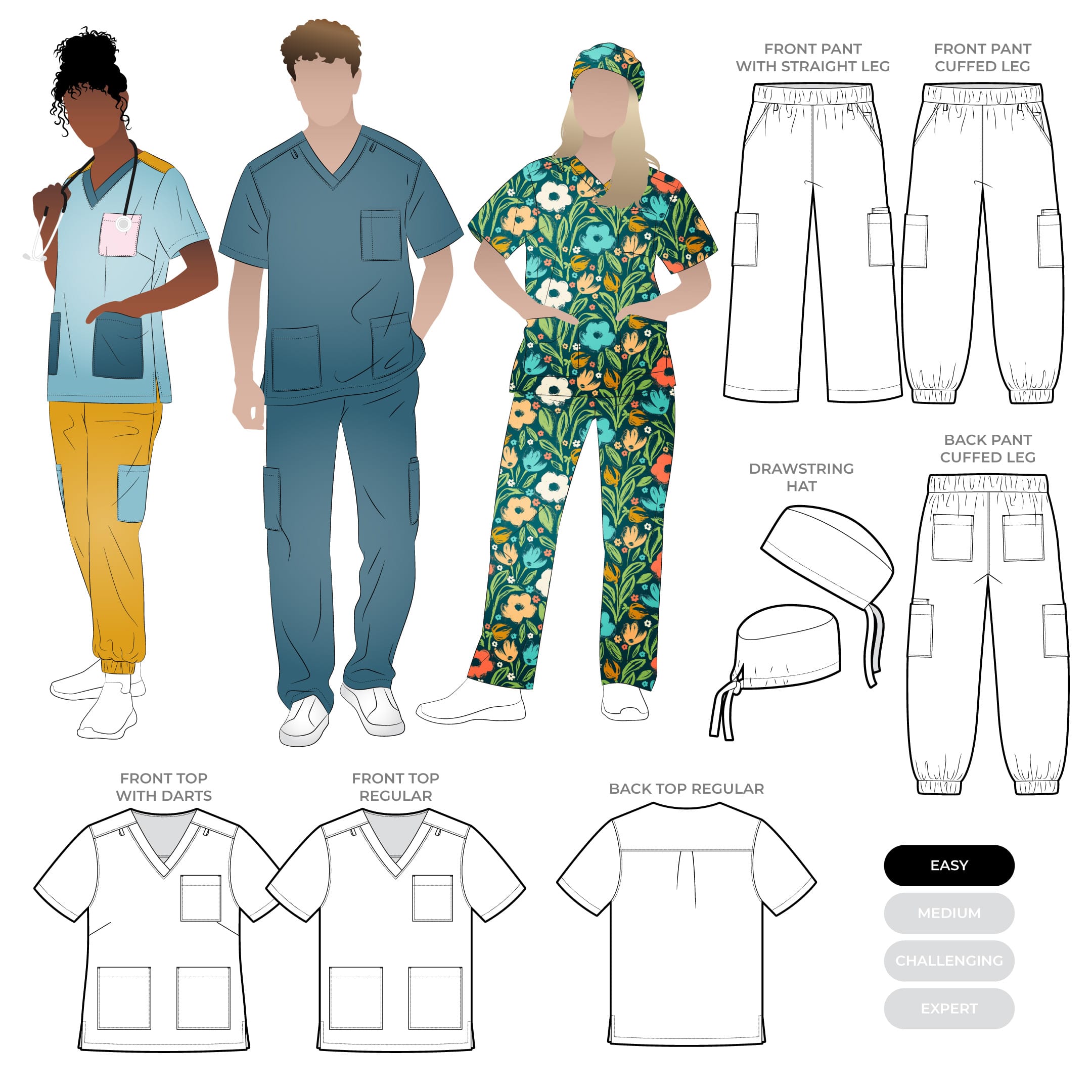 Flossy Woven Scrubs Set Flossy Woven Scrubs Set by Style Arc - Professional healthcare scrubs sewing pattern with customisable fit, functional details, and durable, practical design