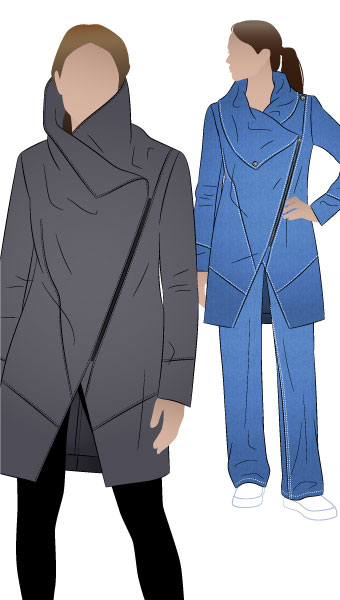 Genevieve Jacket by Style Arc - Asymmetrical zip front, knee-length jacket with shawl collar