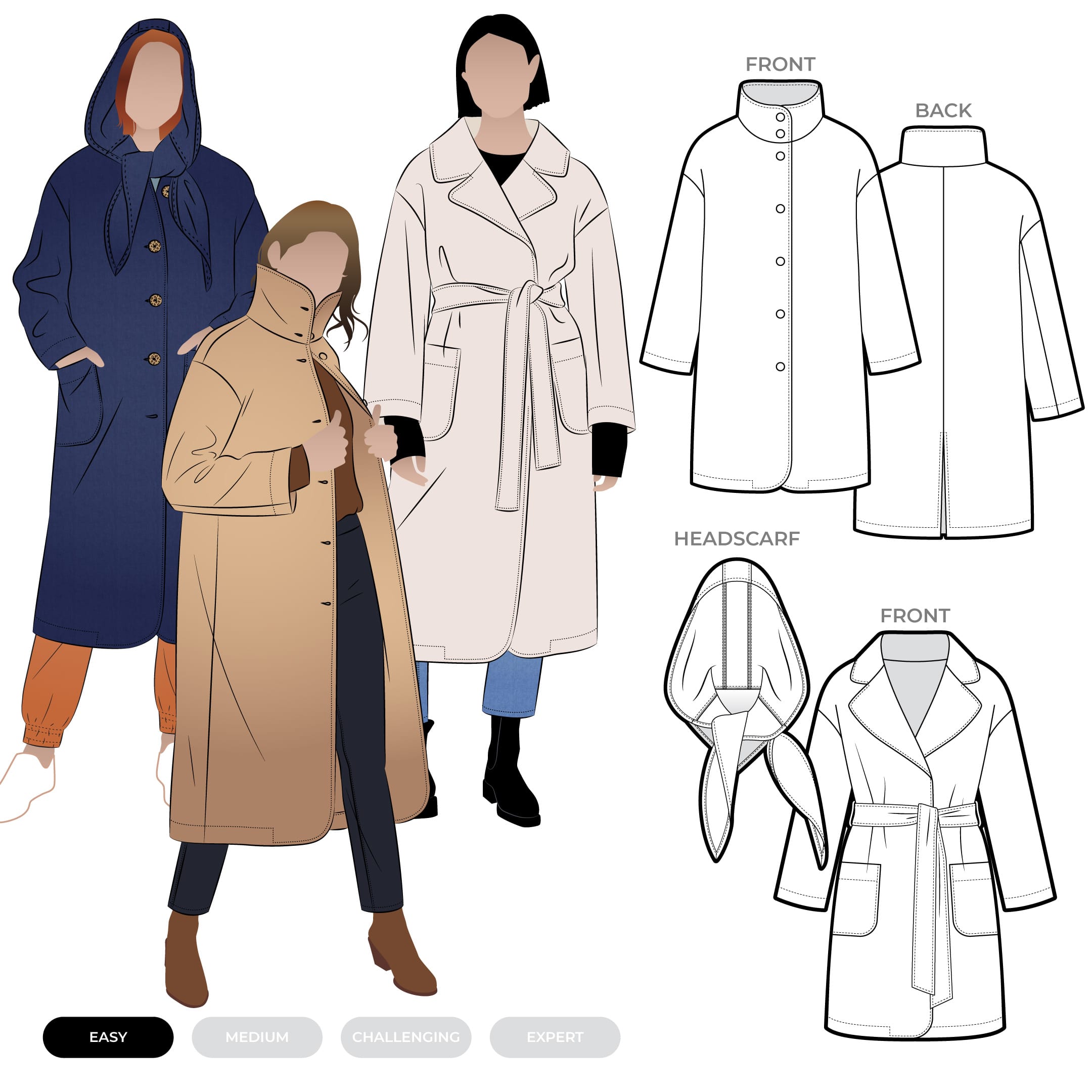 Gracie Coat and Headscarf Gracie Coat and Headscarf by Style Arc - A classic unlined overcoat which can be made long or short with button front or tie belt and your choice of pockets