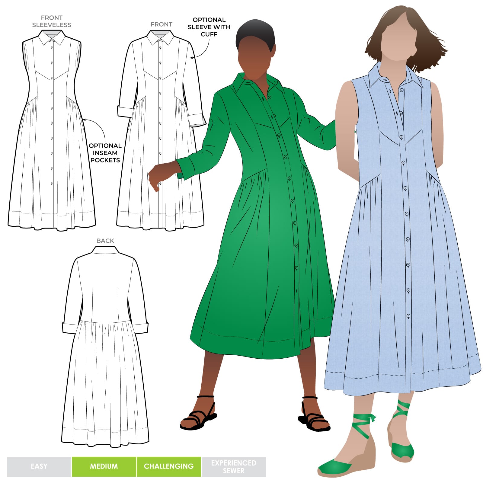 Hampton Woven Dress Hampton Woven Dress by Style Arc - Mid-calf length shirtdress with sleeve or sleeveless options.