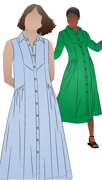 Hampton Woven Dress by Style Arc - Mid-calf length shirtdress with sleeve or sleeveless options.