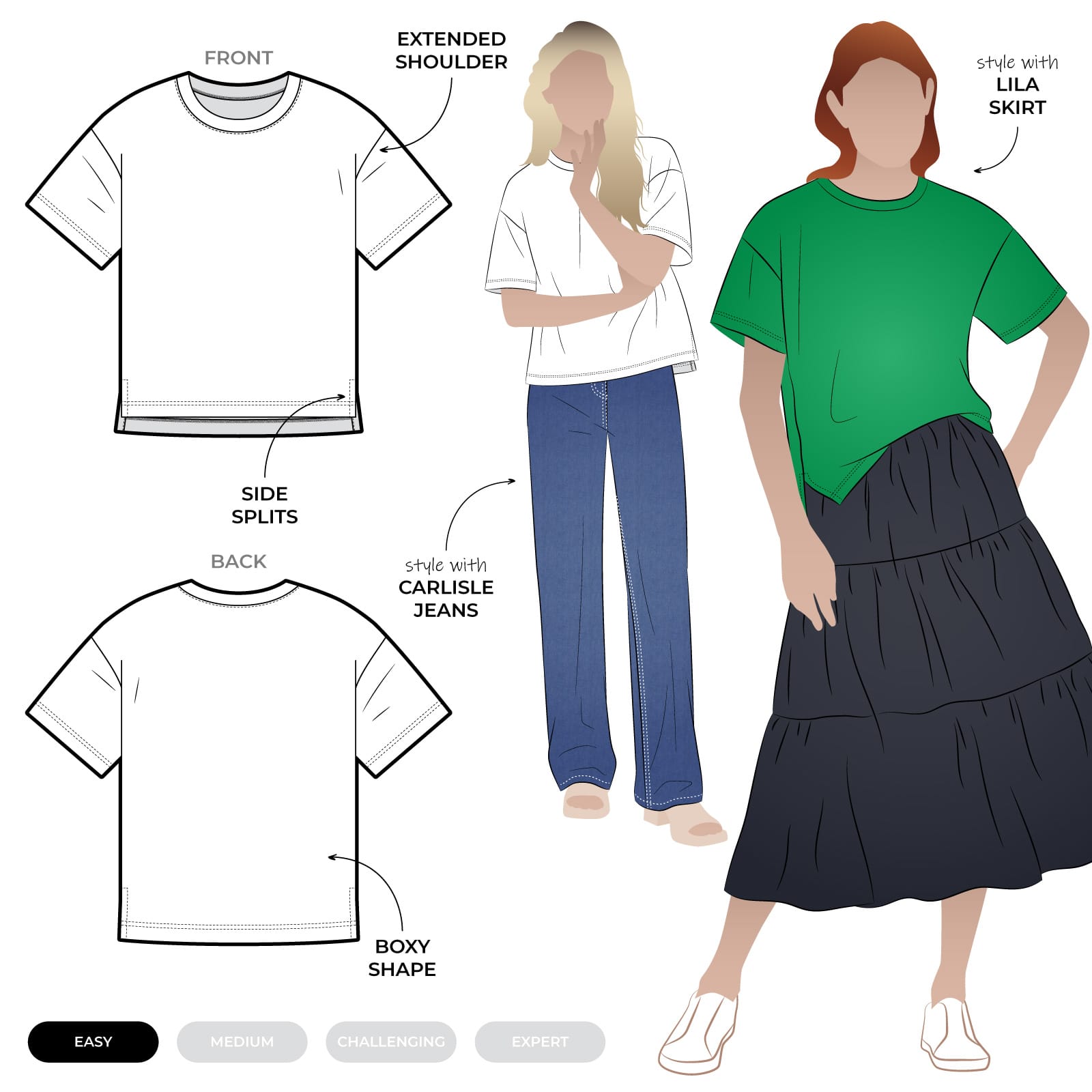 Hayden Knit Tee Hayden Knit Tee by Style Arc - A square shaped tee shirt with short sleeves, round neck, and side splits
