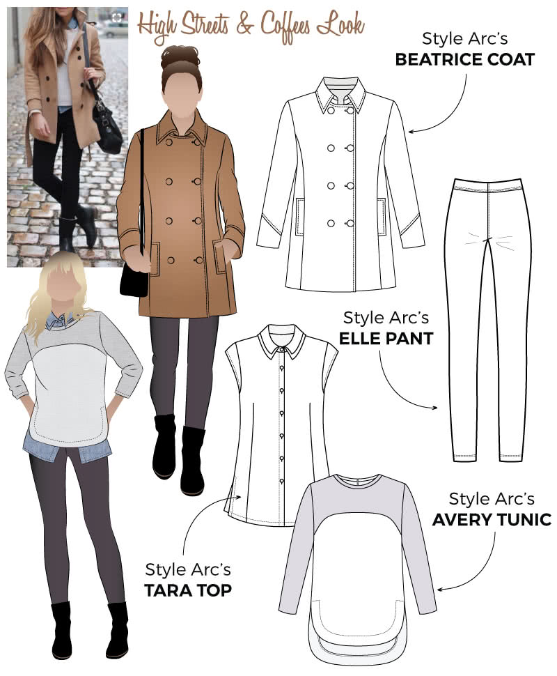 High Streets and Coffees Look Sewing Pattern Bundle By Style Arc High Streets and Coffees Look Sewing Pattern Bundle By Style Arc - High Streets and Coffees Look = Beatrice Pea Coat, Elle Pant, Avery Tunic and Tara Top.