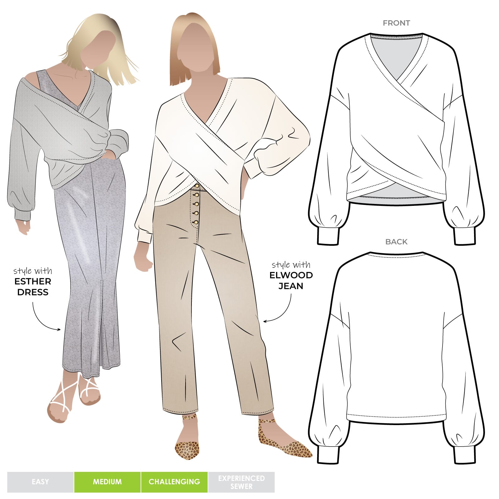 Kira Knit Top Kira Knit Top by Style Arc - Relaxed long sleeved jumper with crossover front