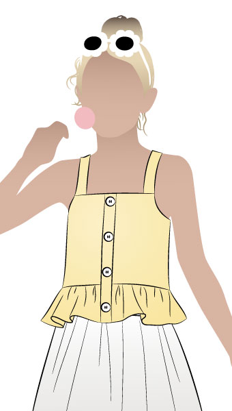 Kit Kids Tank Top By Style Arc - Button through top with frilled hem and shoulder strap for kids 2-8 Sewing Tutorial Click here for a step by step tutorial for the Kit Kids Tank Top
