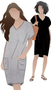 Kitt Knit Dress by Style Arc - Slip on "V" neck dress with a relaxed cocoon shape and patch pockets