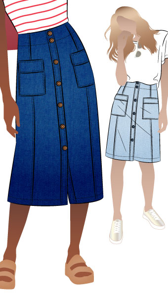 Lennox Woven Skirt By Style Arc - "A" line panelled, button though skirt with patch pockets, this skirt comes in two lengths.