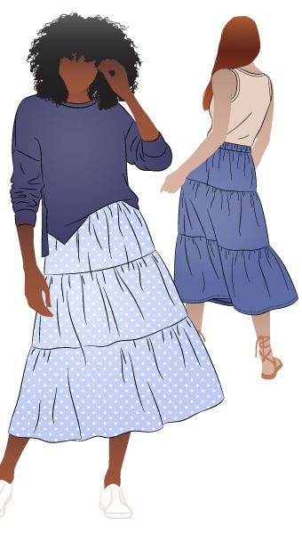Lila Tiered Skirt by Style Arc - Mid length three tired elastic waist skirt