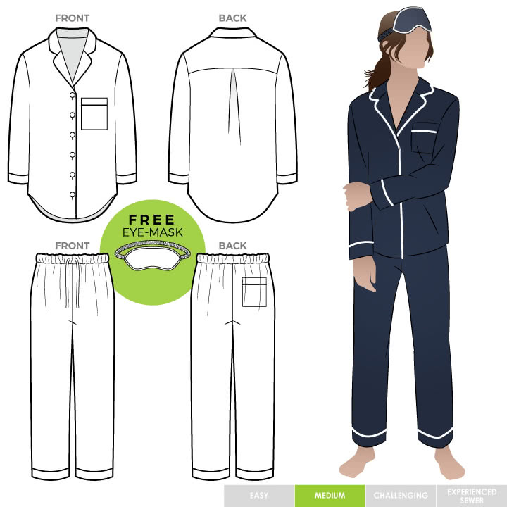 Loungewear PJ Shirt and Pant Set Sewing Pattern Bundle By Style Arc Loungewear PJ Shirt and Pant Set Sewing Pattern Bundle By Style Arc - Discounted loungewear sewing pattern bundle including a PJ shirt, PJ Pant and eye mask patterns