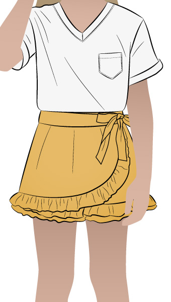 Margot Kids Skort By Style Arc - Cute skort with frills and front over lay which ties on the side, for kids 2 - 8