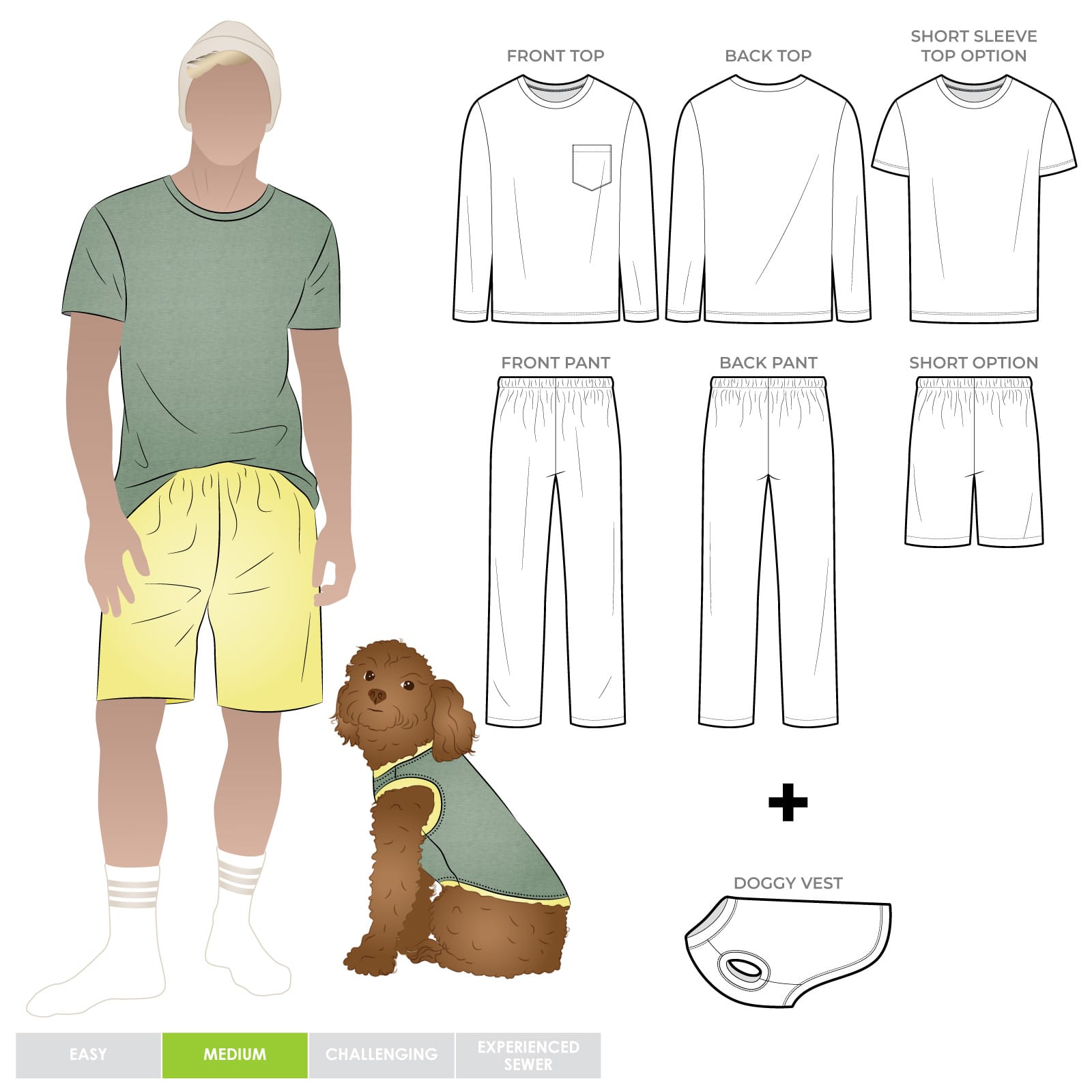 Mens Knit PJs and Doggy Vest Bundle Mens Knit PJs and Doggy Vest Bundle By Style Arc - Traditional men's knit pyjama pattern plus a cozy pull-on knit dog vest layered pattern in sizes XS-XL (see Description for breed size guide).