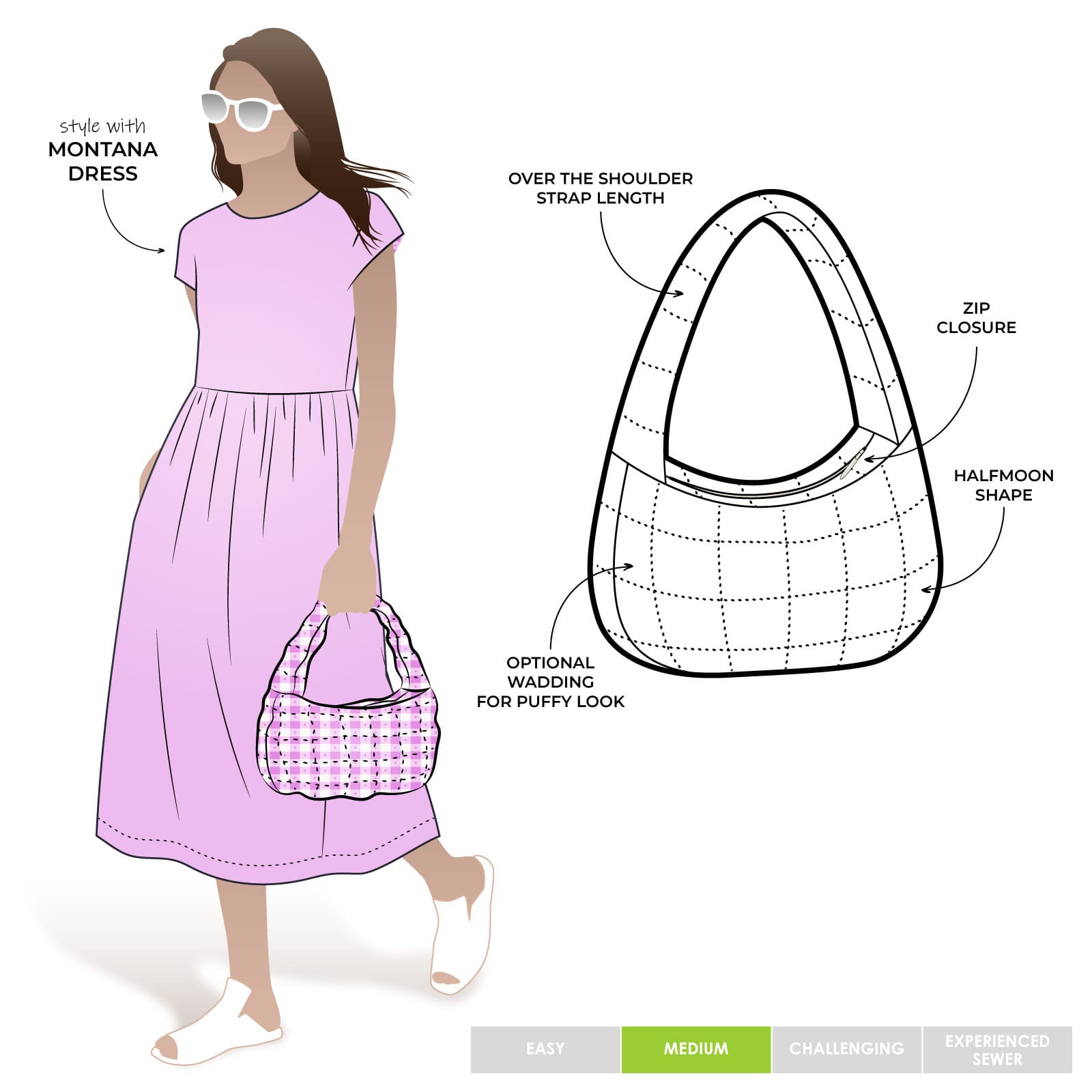 Montana Midi Dress and Montana Bag Bundle By Style Arc Montana Midi Dress and Montana Bag Bundle By Style Arc - This sewing pattern bundle includes the versatile Montana midi dress and the half-moon shoulder bag, which is stylish, practical, and quick to sew.