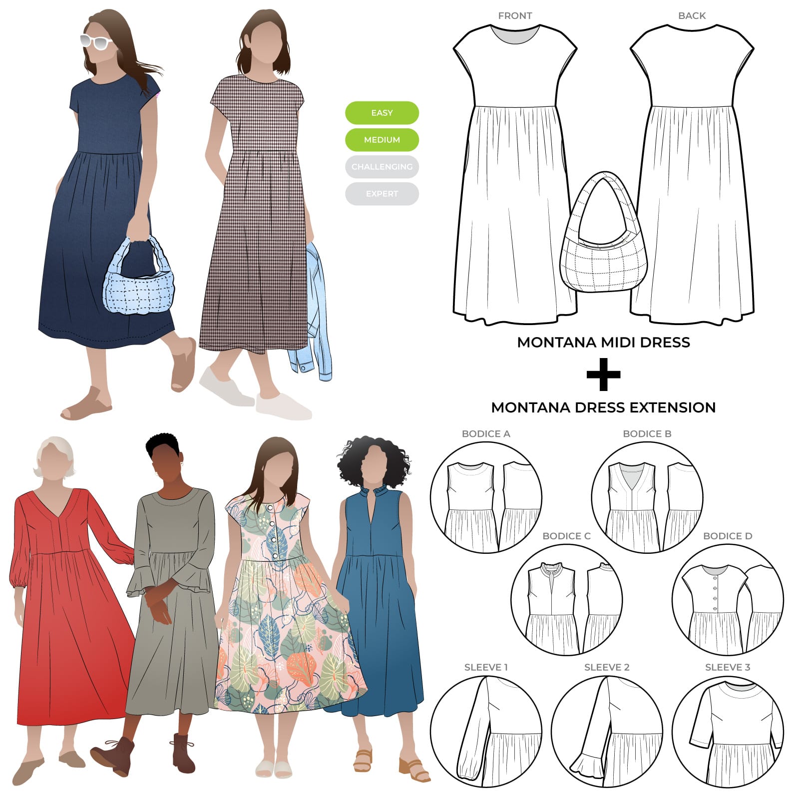 Montana Midi Dress and Montana Dress Extension Pack and Montana Bag Bundle By Style Arc Montana Midi Dress and Montana Dress Extension Pack and Montana Bag Bundle By Style Arc - Make over 12 different looks with the Montana Midi Dress and Extension Pack patterns. Also includes the Montana Bag.
