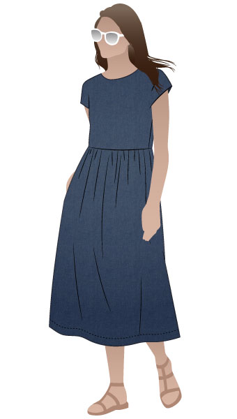 Montana Midi Dress by Style Arc - Midi-length, high-waisted pull-on dress with an extended shoulder line