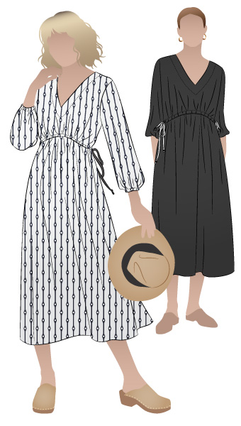 Naomi Woven Dress by Style Arc - V-neck, pull-on, long line dress with drawstring waist