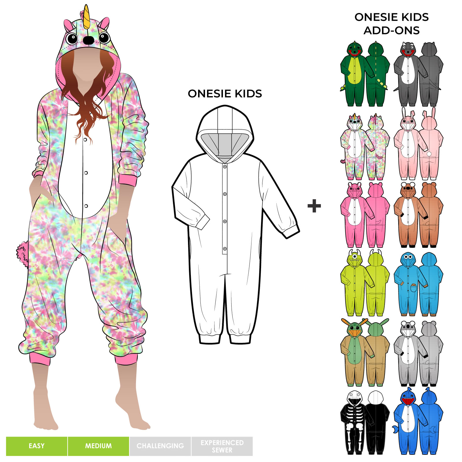 Onesie Kids Onesie Kids Add Ons Bundle Onesie Kids Onesie Kids Add Ons Bundle By Style Arc - Pattern pieces for 12 different characters to add to your Onesie pattern. Use your imagination to create your unique character, for kids 2-14