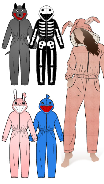Onesie Knit Womens and Onesie Knit Womens Add-ons Bundle By Style Arc - Knit fabric one piece suit with zip, elasticated waist and optional hood or neck band and pattern pieces for 4 different characters to add to your Onesie pattern. Use your imagination to create your unique character.
