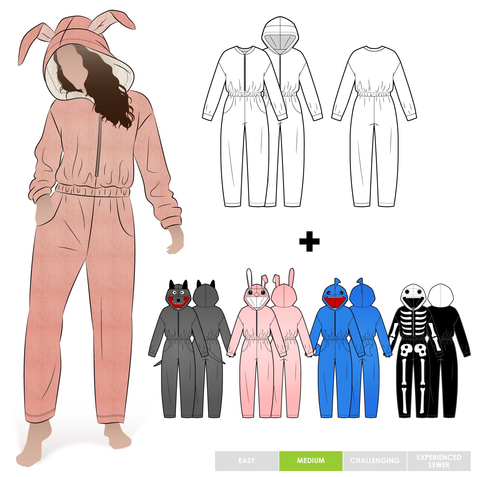 Onesie Knit Womens and Onesie Knit Womens Add-ons Sewing Pattern Bundle By Style Arc Onesie Knit Womens and Onesie Knit Womens Add-ons Sewing Pattern Bundle By Style Arc - Knit fabric one piece suit with zip, elasticated waist and optional hood or neck band and pattern pieces for 4 different characters to add to your Onesie pattern. Use your imagination to create your unique character.