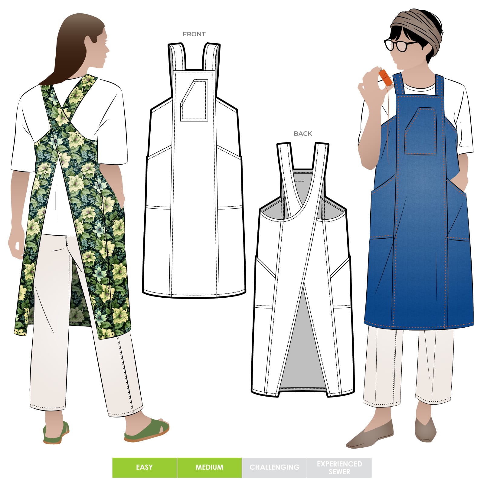 Pinnie Sewing Cooking Apron Pinnie Sewing Cooking Apron by Style Arc - Knee length, cross back apron with pockets. Layered pattern includes all sizes