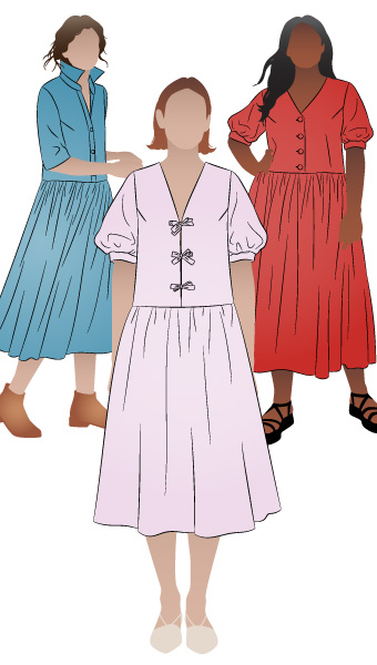 Porter Woven Pack by Style Arc - Low waisted dress and top with four bodice and sleeve options. Gathered skirt with inseam pockets.
